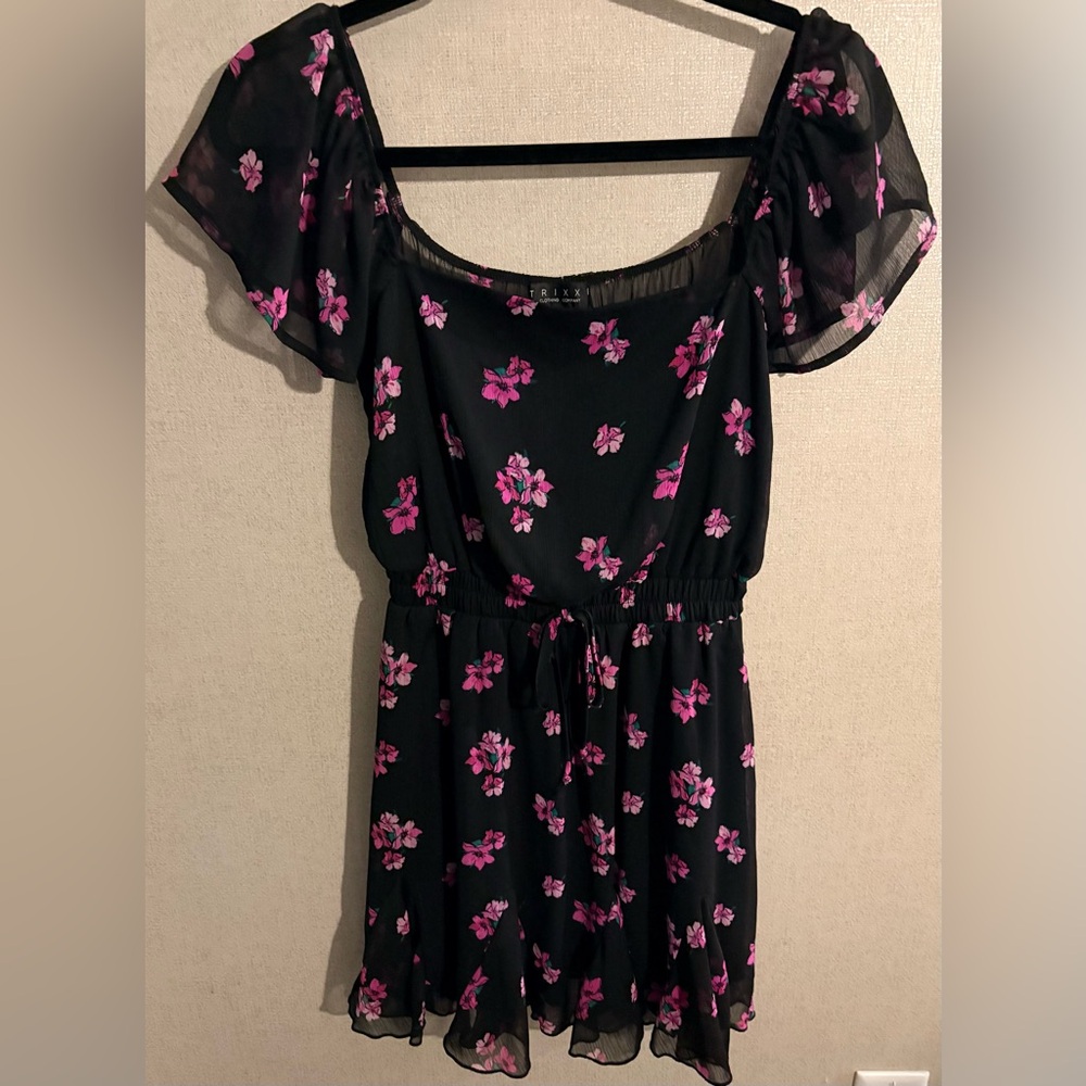 Trixxi Black Square-Neck Mini Dress with Pink Floral Accents
